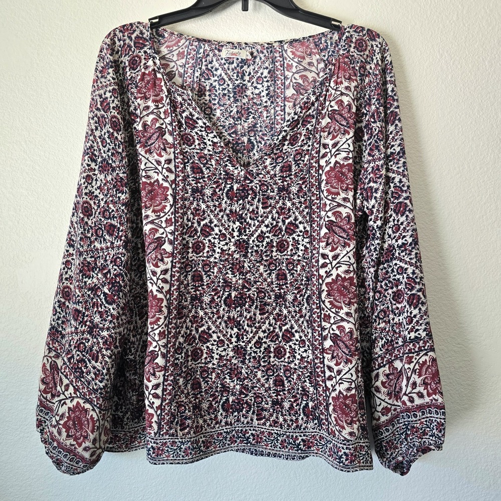 Faherty Women's Medium 100% Silk Boho Flowy VNeck Blouse Top Coastal Lightweight